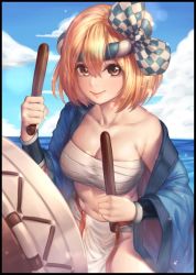 Rule 34 | 10s, 1girl, bandages, bare shoulders, black border, blonde hair, blue sky, border, bow, bracer, breasts, budget sarashi, checkered bow, checkered clothes, cleavage, closed mouth, collarbone, day, djeeta (granblue fantasy), drum master (granblue fantasy), drumsticks, fundoshi, granblue fantasy, hachimaki, hair between eyes, hair bow, happi, headband, holding, horizon, japanese clothes, lips, long sleeves, looking at viewer, medium breasts, naidong (artist), navel, nejiri hachimaki, open clothes, outdoors, pink lips, sarashi, short hair, sky, smile, solo, stomach, tareme, water, wide sleeves