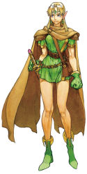 Rule 34 | 1girl, bag, bare legs, belt, between breasts, blonde hair, boots, breasts, capcom, cape, dungeons &amp; dragons: shadow over mystara, dungeons &amp; dragons, earrings, elf, female focus, forehead jewel, full body, gloves, green footwear, green gloves, jewelry, large breasts, long hair, lucia (d&amp;d), nishimura kinu, official art, pointy ears, purple eyes, satchel, sheath, sheathed, shoulder pads, solo, standing, strap between breasts, sword, tunic, weapon