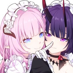 Rule 34 | 2girls, artist name, closed mouth, commentary request, elf, elysia (honkai impact), elysia (miss pink elf) (honkai impact), gloves, hair between eyes, heads together, honkai (series), honkai impact 3rd, horns, long hair, looking at viewer, luyue, maid headdress, multiple girls, pink hair, pointy ears, purple eyes, purple hair, purple pupils, raiden mei, raiden mei (herrscher of thunder), signature, simple background, smile, upper body, white background, yuri