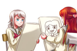 Rule 34 | 10s, 2girls, aida rikako, blue eyes, canvas (object), chair, dha315, drawing, grey hair, hair ornament, hairclip, half updo, long hair, love live!, love live! sunshine!!, multiple girls, neckerchief, red hair, red neckerchief, sakurauchi riko, school chair, school uniform, serafuku, simple background, sitting, smile, uranohoshi school uniform, voice actor connection, watanabe you, white background