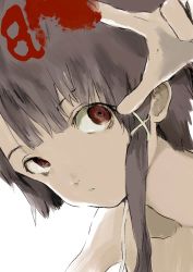 Rule 34 | 1girl, asymmetrical hair, blood, blunt bangs, brown hair, camisole, collarbone, eyebrows hidden by hair, hair ornament, highres, inward v, iwakura lain, looking to the side, luv, open mouth, portrait, red eyes, serial experiments lain, solo, spaghetti strap, white background, x hair ornament