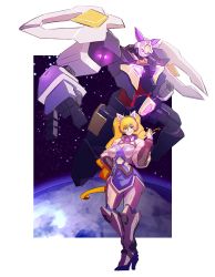 Rule 34 | 1girl, absurdres, blonde hair, breasts, commentary, cosmikaizer, drill hair, english commentary, flying, galatikaizer (comsikaizer), glowing, glowing eyes, hand on own hip, highres, lana branford (cosmikaizer), large breasts, looking at viewer, looking down, mecha, original, pilot suit, pink eyes, planet, purple eyes, robot, space, super robot, twintails, uneven twintails