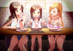 Rule 34 | 3girls, :d, bare shoulders, blonde hair, blush, bracelet, breasts, brick wall, brown hair, chopsticks, cleavage, closed eyes, commentary request, fang, flat chest, fork, fujimoto rina, highres, hood, hoodie, idolmaster, idolmaster cinderella girls, idolmaster cinderella girls starlight stage, jacket, jacket on shoulders, jewelry, long hair, looking at another, medium breasts, mukai takumi, multiple girls, necklace, open mouth, shangzi, short shorts, shorts, sitting, slippers, small breasts, smile, star-shaped pupils, star (symbol), swept bangs, symbol-shaped pupils, table, tank top, thighs, tongs, white tank top, yellow eyes
