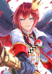 Rule 34 | 1boy, absurdres, antenna hair, black gloves, blue eyes, checkered sash, commentary, crown, ekisutora, gloves, highres, holding, holding scepter, long sleeves, looking at viewer, red hair, riddle rosehearts, scepter, shirt, short hair, smile, solo, twisted wonderland, white shirt