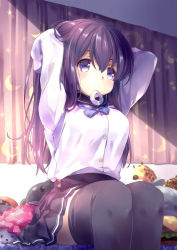 Rule 34 | 1girl, 54hao, arms up, black hair, black skirt, black thighhighs, blue bow, blue bowtie, bow, bowtie, breasts, bunching hair, commentary, crescent print, curtains, dress shirt, hair between eyes, hair tie, highres, indoors, long sleeves, looking away, medium breasts, mouth hold, original, pleated skirt, purple eyes, school uniform, serafuku, shirt, shirt tucked in, sitting, skirt, solo, star (symbol), star print, stuffed animal, stuffed dolphin, stuffed giraffe, stuffed toy, thighhighs, white shirt