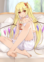 Rule 34 | 1girl, alternate hair length, alternate hairstyle, bare arms, bare legs, bare shoulders, barefoot, blonde hair, bloomers, bow, camisole, collarbone, commentary request, couch, crystal, cup, drinking, drinking glass, drinking straw, flan (seeyouflan), flandre scarlet, foot focus, foreshortening, hair between eyes, hair bow, highres, holding, holding cup, indian style, indoors, knee up, long hair, looking at viewer, no headwear, red bow, red eyes, sitting, solo, spaghetti strap, strap slip, thighs, touhou, underwear, very long hair, white bloomers, wings