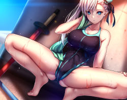 Rule 34 | 1girl, akeyama kitsune, bare shoulders, black one-piece swimsuit, blue eyes, blue one-piece swimsuit, blush, breasts, bun cover, cleavage, collarbone, competition swimsuit, fate/grand order, fate (series), hair bun, hair ribbon, highleg, highleg swimsuit, large breasts, long hair, looking at viewer, miyamoto musashi (fate), miyamoto musashi (fate/grand order), miyamoto musashi (swimsuit berserker) (fate), miyamoto musashi (swimsuit berserker) (first ascension) (fate), one-piece swimsuit, pink hair, ribbon, side bun, single hair bun, single side bun, solo, spread legs, squatting, swept bangs, swimsuit, thighs, two-tone swimsuit, wet