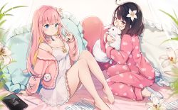 2girls, :3, ahoge, animal, animal print, arm support, artist name, bangs, bare legs, bare shoulders, barefoot, black hair, blonde hair, blue eyes, blush, breasts, cardigan, collarbone, colored inner hair, commentary, copyright request, cushion, dog, dog print, dress, eyebrows visible through hair, floral print, flower, from side, full body, hair flower, hair ornament, hairpin, heart, heart pillow, highres, holding, holding animal, holding dog, knees up, long hair, long sleeves, looking at viewer, looking to the side, medium hair, multicolored hair, multiple girls, off shoulder, pajamas, pants, pillow, pink cardigan, pink hair, pink pajamas, print dress, print pajamas, print pants, red eyes, semi-rimless eyewear, sheet music, sitting, slippers, tablet pc, wariza, white dress, white flower, white footwear, yennineii