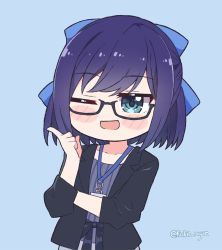 Rule 34 | ;d, a-chan (hololive), black-framed eyewear, blue background, blue eyes, blue hair, blush stickers, chibi, commentary, english commentary, formal, glasses, hololive, id card, index finger raised, kukie-nyan, one eye closed, open mouth, semi-rimless eyewear, short hair, smile, solo, suit, twitter username, virtual youtuber