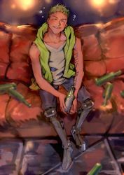 Rule 34 | 1boy, ?, animification, apex legends, bottle, collarbone, couch, green eyes, green hair, green hoodie, grey shirt, grey shorts, half-closed eyes, highres, holding, holding bottle, hood, hoodie, kawaniwa, male focus, mechanical legs, octane (apex legends), shirt, shorts, sitting, sleeveless, sleeveless hoodie, sleeveless shirt, smile, solo