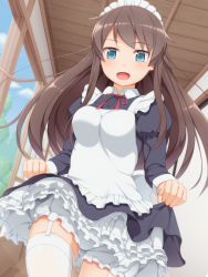 Rule 34 | 1girl, :d, blue eyes, breasts, brown hair, garter straps, highres, long hair, maid, medium breasts, open mouth, original, smile, solo, tachimi (basue), thighhighs, white thighhighs, zettai ryouiki