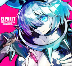 Rule 34 | 1girl, blue eyes, bracelet, breasts, bullet, cleavage, collar, copyright name, elphelt valentine, english text, fingerless gloves, gloves, glowing, glowing eyes, grey hair, guilty gear, guilty gear xrd, hair over one eye, jewelry, large breasts, medium hair, parted lips, pink background, simple background, solo, spiked bracelet, spiked collar, spikes, suzunashi