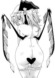 Rule 34 | 1girl, ass, blush, censored, flandre scarlet, from behind, greyscale, hat, heart, heart censor, monochrome, nude, panties, panty pull, short hair, side ponytail, solo, tatsuya (guild plus), touhou, underwear, wings