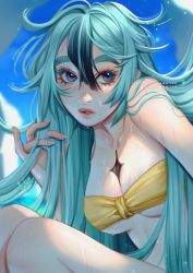 Rule 34 | 1girl, amelion, aqua hair, bare shoulders, bikini, bikini top only, breasts, chest tattoo, close-up, collarbone, commentary, english commentary, eyelashes, fingernails, gaiane (amelion), green hair, grey eyes, hair between eyes, highres, legs together, lips, long hair, medium breasts, messy hair, multicolored hair, nanshe impact, nose, original, solo, strapless, streaked hair, swimsuit, tattoo, thick eyebrows, tube top, underboob, very long hair, wet, yellow bikini