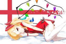 Rule 34 | 1girl, adapted costume, alternate hairstyle, bed, blonde hair, blush, bow, breasts, cross, crystal, dress, flandre scarlet, frills, garter straps, hair bow, hand on own thigh, highres, jitome, long hair, looking at viewer, lying, nail polish, on bed, on side, one eye closed, ponytail, pov across bed, red dress, red eyes, red nails, ribbon, short dress, short sleeves, side slit, sinzan, small breasts, solo, tears, thighhighs, touhou, white thighhighs, wide hips, wings, zettai ryouiki