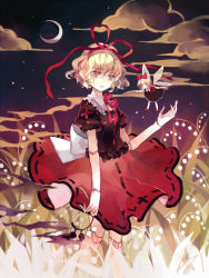 Rule 34 | 1girl, bad id, bad pixiv id, blonde hair, blue eyes, clea (geee13), crescent moon, doll joints, female focus, flower, hair ribbon, joints, lily of the valley, medicine melancholy, moon, ribbon, short hair, skirt, su-san, touhou