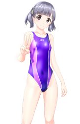 Rule 34 | 1girl, absurdres, black eyes, blunt bangs, breasts, cameltoe, cleft of venus, clothes writing, collarbone, competition swimsuit, contrapposto, covered navel, cowboy shot, grey hair, highres, kantai collection, looking at viewer, one-piece swimsuit, ooshio (kancolle), purple one-piece swimsuit, short hair, simple background, small breasts, solo, standing, swimsuit, takafumi, twintails, v, white background