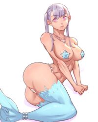Rule 34 | 1girl, abs, absurdres, artist request, ass, big breasts, black clover, breasts, covered erect nipples, female focus, highres, huge ass, large breasts, looking at viewer, lying, mermaid, monster girl, noelle silva, on side, panties, pink eyes, silver hair, sitting, thick thighs, thighs, thong, twintails, underwear, white background