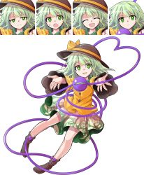 Rule 34 | 1girl, :d, :o, alphes (style), black hat, bow, brown legwear, closed eyes, closed mouth, commentary request, dairi, expressions, floral print, full body, green eyes, green hair, green skirt, hair between eyes, hat, hat bow, highres, komeiji koishi, long sleeves, looking at viewer, multiple views, no headwear, no shoes, open mouth, parody, print skirt, skirt, smile, socks, style parody, sweat, tachi-e, third eye, touhou, transparent background, yellow bow