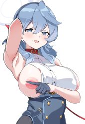 Rule 34 | 1girl, absurdres, ako (blue archive), areola slip, armpits, blue archive, blue eyes, blue hair, breasts, collar, covered erect nipples, covering nipples, covering privates, hair between eyes, highres, hong hongcha, huge breasts, leash, looking at viewer, open mouth, sideboob, smile, solo, upper body, white background