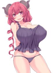 Rule 34 | 1girl, :d, amane hasuhito, arms behind back, bare shoulders, black panties, blush, breasts, cleavage, collarbone, cowboy shot, dragon girl, dragon horns, drill hair, groin, horns, huge breasts, ilulu (maidragon), kobayashi-san chi no maidragon, long hair, looking at viewer, open mouth, panties, pointy ears, red eyes, red hair, sharp teeth, shiny skin, shortstack, simple background, skindentation, slit pupils, smile, solo, strap slip, tank top, teeth, underwear, white background
