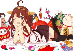 Rule 34 | 10s, 1girl, ;d, ahoge, bad id, bad pixiv id, black thighhighs, coin, daruma doll, detached sleeves, failure penguin, folding fan, gold, hairband, hand fan, head rest, kantai collection, kise (swimmt), koban (gold), kongou (kancolle), looking at viewer, lying, maneki-neko, nontraditional miko, on stomach, one eye closed, open mouth, origami, paper crane, pleated skirt, skirt, smile, solo, thighhighs, translation request, zettai ryouiki