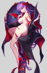 Rule 34 | 1girl, ass, bare back, bare legs, bat wings, bb (fate), bb (fate) (all), bb (swimsuit mooncancer) (fate), bb (swimsuit mooncancer) (third ascension) (fate), black coat, bow, breasts, coat, commentary request, fate/grand order, fate (series), finger to mouth, full body, gloves, hair bow, high heels, highres, large breasts, legs, long hair, long sleeves, looking at viewer, one-piece swimsuit, open clothes, open coat, popped collar, purple eyes, purple hair, red footwear, red ribbon, ribbon, smile, solo, swimsuit, tentacles, very long hair, vivi (eve no hakoniwa), white gloves, white one-piece swimsuit, wide sleeves, wings