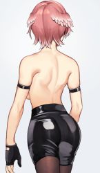 Rule 34 | 1girl, arm strap, ass, back, back focus, black gloves, black shorts, brown pantyhose, cowboy shot, facing away, from behind, gloves, head wings, hololive, pantyhose, partially fingerless gloves, pink hair, short hair, shorts, simple background, solo, standing, takane lui, topless, virtual youtuber, wings, yuya (yuya illust)