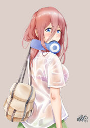 Rule 34 | 1girl, absurdres, bag, blue eyes, bra, bra visible through clothes, breasts, brown hair, commentary request, from side, go-toubun no hanayome, green skirt, handbag, headphones, headphones around neck, highres, island lagoon, large breasts, long hair, long hair between eyes, looking at viewer, nakano miku, purple bra, school uniform, see-through, see-through shirt, shirt, short sleeves, signature, simple background, skirt, solo, underwear, wet, wet clothes, wet shirt, white shirt