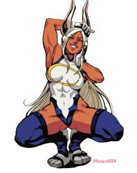 Rule 34 | 1girl, abs, absurdres, animal ears, arm up, armpits, blue thighhighs, boku no hero academia, boots, breasts, dark-skinned female, dark skin, female focus, full body, gloves, highleg, highleg leotard, highres, impossible clothes, impossible leotard, large breasts, leotard, long eyelashes, long hair, looking at viewer, mirko, muscular woman, nastacic, rabbit ears, red eyes, smile, solo, spread legs, squatting, thigh boots, thighhighs, thighs, toned, touching ears, touching own head, twitter username, white background, white gloves, white hair, white leotard
