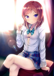 Rule 34 | 10s, 1girl, arm support, black legwear, blush, bow, bra, breasts, cleavage, collarbone, dress shirt, twirling hair, highres, crossed legs, lens flare, long sleeves, looking at viewer, love live!, love live! school idol project, morerin, neck ribbon, nishikino maki, open clothes, open shirt, pink bra, plaid, plaid skirt, playing with own hair, pleated skirt, purple eyes, red hair, ribbon, school uniform, shirt, short hair, sitting, skirt, small breasts, smile, solo, tsurime, underwear
