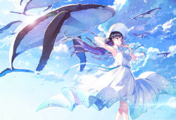 Rule 34 | 1girl, arm up, armpits, bare shoulders, black hair, blue sky, breasts, cloud, commentary request, constellation print, day, dress, floating hair, flying whale, green eyes, hair ornament, hand on headwear, hand up, hat, leo (constellation), libra (constellation), long hair, looking away, original, outdoors, parted lips, rednian, sky, sleeveless, sleeveless dress, small breasts, solo, star (symbol), star hair ornament, summer, very long hair, virgo (constellation), whale, white dress, white hat