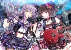 Rule 34 | 2girls, :o, armband, bang dream!, belt, black belt, black gloves, black hair, black vest, blurry, blurry background, cable, chain, chain necklace, choker, commentary request, crossed bangs, detached sleeves, electric guitar, flower, gibson les paul, glint, gloves, guitar, hair flower, hair ornament, hair ribbon, holding, holding cable, instrument, jewelry, lens flare, light purple hair, long hair, microphone, microphone stand, midriff, minato yukina, mitake ran, multicolored hair, multiple girls, navel, necklace, nennen, o-ring, o-ring choker, orange flower, orange rose, pantyhose, pink flower, pink legwear, pink rose, purple eyes, purple hair, purple ribbon, purple skirt, red hair, red skirt, ribbon, rose, scaffolding, short hair, single detached sleeve, skirt, strap, streaked hair, studded belt, studded choker, suspenders, thigh strap, vest, yellow eyes