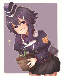 Rule 34 | 1girl, :d, absurdres, black skirt, blue archive, blush, collared shirt, flower pot, garrison cap, hair between eyes, hair ornament, hairclip, haruka (blue archive), hat, highres, holding, holding flower pot, jacket, juliet sleeves, konntena, long sleeves, looking at viewer, medium hair, miniskirt, open mouth, plant, pleated skirt, potted plant, puffy sleeves, purple eyes, purple hair, purple jacket, red shirt, shirt, skirt, smile, solo