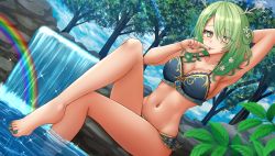 Rule 34 | 1girl, antlers, armpits, bikini, blurry, braid, braided bangs, breasts, ceres fauna, cleavage, deer antlers, depth of field, eyes visible through hair, feet out of frame, flower, green hair, green nails, hair between eyes, hair flower, hair ornament, highres, hololive, hololive english, horns, kazenokaze, knee up, leaf, medium breasts, mole, mole under eye, nail polish, navel, rainbow, single braid, sitting, soaking feet, solo, sparkle, swimsuit, tongue, tongue out, tree, virtual youtuber, water, waterfall, yellow eyes