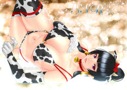 Rule 34 | 1girl, alternate costume, alternate hairstyle, animal ears, animal print, bell, bikini, black hair, blunt bangs, bow, breasts, choker, cleavage, cow ears, cow horns, cow print, curvy, dead or alive, dead or alive 5, elbow gloves, fake animal ears, fake horns, gloves, hair bow, hair tubes, high ponytail, highres, horns, large breasts, lips, looking at viewer, lying, makeup, mascara, medium hair, mole, mole under mouth, multi-strapped bikini, navel, neck bell, nyotengu, o-ring, o-ring bikini, on back, pink lips, pinup (style), print bikini, print gloves, print thighhighs, purple eyes, red bow, red choker, sk (sk-g), solo, sparkle background, swimsuit, tecmo, thick thighs, thigh strap, thighhighs, thighs, twitter username, upside-down