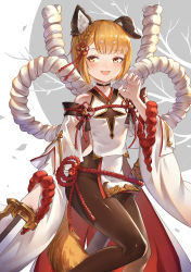 Rule 34 | 1girl, animal ears, bare shoulders, blonde hair, blunt bangs, blush, bodysuit, braid, brown bodysuit, brown pantyhose, claw pose, detached sleeves, dog ears, erune, french braid, granblue fantasy, highres, holding, holding sword, holding weapon, japanese clothes, looking at viewer, open mouth, pantyhose, rope, shimenawa, short hair, smile, solo, sword, vajra (granblue fantasy), weapon, wide sleeves, ziko
