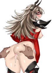 Rule 34 | 1girl, ass, blush, breasts, censored, domino mask, fire emblem, fire emblem heroes, from behind, grey hair, kaorihero, long hair, looking back, mask, mosaic censoring, nintendo, nipples, open mouth, pussy, red eyes, simple background, solo focus, thrasir (fire emblem), white background