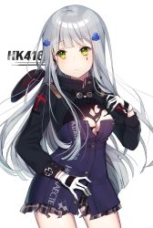 Rule 34 | 1girl, black skirt, blush, breasts, character name, cleavage, closed mouth, girls&#039; frontline, gloves, grey hair, highres, hk416 (girls&#039; frontline), large breasts, long hair, looking away, moffle (2019), plaid, plaid skirt, skirt, solo, white gloves, yellow eyes