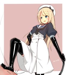 Rule 34 | 1girl, absurdres, black choker, black gloves, black neckerchief, black thighhighs, blonde hair, blue eyes, blue sailor collar, breasts, choker, commentary request, cowboy shot, dress, elbow gloves, gloves, hand on own hip, hat, highres, holding, holding whip, jervis (kancolle), kantai collection, katsuten, latex, latex thighhighs, leotard, mary janes, neckerchief, sailor collar, sailor dress, sailor hat, shoes, solo, thighhighs, white dress, white hat