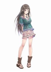 Rule 34 | 1girl, arms behind back, atelier (series), atelier totori, black hair, blouse, blue eyes, breasts, brown hair, cecilia helmold, cleavage, feet, female focus, frills, gradient hair, grey eyes, hair ornament, hairclip, jewelry, kishida mel, lace, legs, long hair, looking at viewer, miniskirt, multicolored hair, necklace, official art, pendant, pleated skirt, sandals, shirt, shoe dangle, sidelocks, simple background, skirt, smile, solo, standing, tiptoes, toes, white background