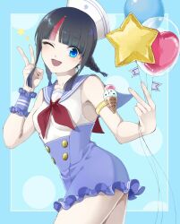 Rule 34 | 1girl, armlet, balloon, bare shoulders, black hair, blue eyes, blue sailor collar, blue skirt, blush, braid, breasts, buttons, double-breasted, double v, fate/grand order, fate (series), hat, highres, kino kokko, looking at viewer, low twin braids, medium breasts, medium hair, multicolored hair, one-piece swimsuit, one eye closed, open mouth, pink hair, sailor collar, sailor hat, sidelocks, skirt, smile, solo, streaked hair, swimsuit, thighs, twin braids, utsumi erice, utsumi erice (swimsuit avenger), utsumi erice (swimsuit avenger) (second ascension), v, white hat, white swimsuit
