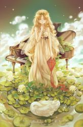 Rule 34 | 1girl, bird, blonde hair, cross, cross necklace, dress, fairy, fairy wings, flower, freckles, green eyes, head wreath, highres, instockeee, instocklee, instrument, jewelry, kite, lily pad, long hair, looking at viewer, lotus, md5 mismatch, necklace, original, piano, pointy ears, resolution mismatch, smile, solo, source larger, swan, water, wings