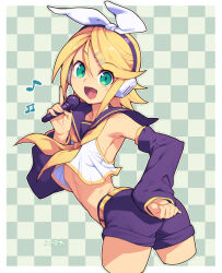 Rule 34 | 1girl, :d, armpits, blonde hair, checkered background, commentary request, detached sleeves, green eyes, hairband, holding, holding microphone, kagamine rin, looking at viewer, metata, microphone, midriff, music, navel, open mouth, purple hairband, purple sailor collar, purple shorts, purple sleeves, sailor collar, short hair, shorts, singing, smile, solo, thighs, vocaloid, white hairband