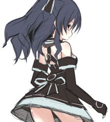 Rule 34 | back, back muscles, bare shoulders, black hair, dress, eijirou02, frown, gloves, hair ornament, hairclip, long hair, neptune (series), red eyes, ribbon, skirt, thighs, tsundere, twintails, two side up, uni (neptunia)