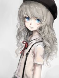 Rule 34 | 1girl, beret, black hat, blue eyes, blush, buttons, collar, collared shirt, commentary request, eyelashes, from side, grey background, hat, lips, long hair, looking at viewer, neck ribbon, nose blush, original, red ribbon, ribbon, ryuukeichi andromeda, sad, sanpaku, shirt, short sleeves, silver hair, simple background, solo, suspenders, tareme, upper body, wavy hair, white shirt