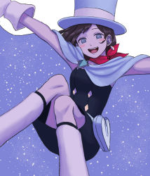 Rule 34 | 1girl, :d, ace attorney, arms up, bad id, bad pixiv id, blue eyes, brown hair, cape, dress, hat, highres, open mouth, renshu usodayo, short hair, sky, smile, solo, star (sky), starry sky, trucy wright