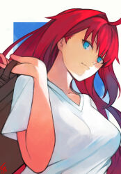 Rule 34 | 1girl, ahoge, aozaki aoko, blue eyes, blue sky, breasts, closed mouth, hair intakes, highres, long hair, looking at viewer, medium breasts, moedredd, red hair, shirt, signature, simple background, sky, smile, solo, suitcase, tsukihime, upper body, white shirt