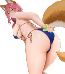 Rule 34 | 1girl, animal ear fluff, animal ears, arind yudha, armpit crease, ass, back, bangle, bare shoulders, bent over, bikini, blue bikini, blue scrunchie, blush, bracelet, breasts, closed mouth, commentary, english commentary, fang, fate/grand order, fate (series), fox ears, fox girl, fox tail, green wristband, hair between eyes, hair ornament, hair scrunchie, highres, jewelry, large breasts, legs, long bangs, looking at viewer, looking back, low ponytail, orange trim, pink hair, pink lips, raised eyebrows, scrunchie, side-tie bikini bottom, sideboob, simple background, skin fang, smile, solo, standing, swimsuit, tail, tamamo (fate), tamamo no mae (fate/extra), tamamo no mae (swimsuit lancer) (fate), tamamo no mae (swimsuit lancer) (third ascension) (fate), thighs, underboob, white background, yellow eyes