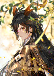 Rule 34 | 1boy, black hair, blurry, blurry background, blurry foreground, branch, brown hair, cloak, closed mouth, dragon horns, earrings, falling leaves, genshin impact, hair between eyes, horns, jewelry, leaf, long hair, looking at viewer, looking back, male focus, multicolored hair, qing, scales, single earring, solo, yellow eyes, zhongli (genshin impact)